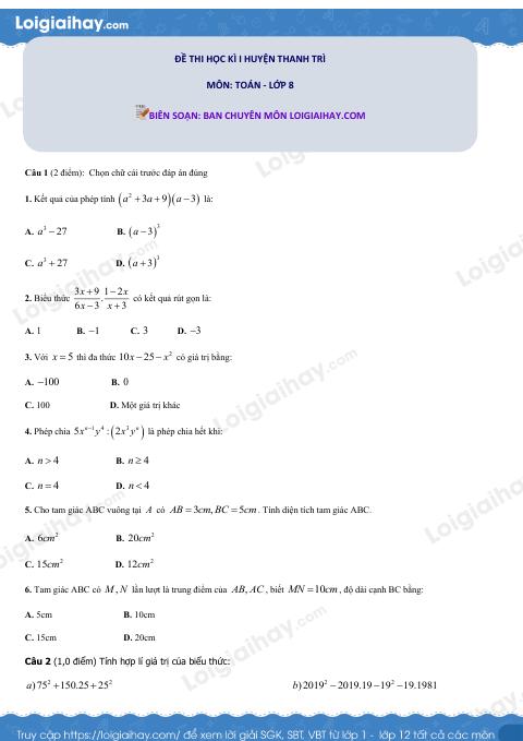 Giải đề thi học kì 1 toán lớp 8 năm 2019 - 2020 PGD Thanh Trì